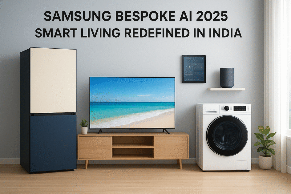 Samsung Bespoke AI 2025 smart home appliances in India – AI-powered refrigerator, washing machine, air conditioner, and oven for energy-efficient, customisable, and connected living.