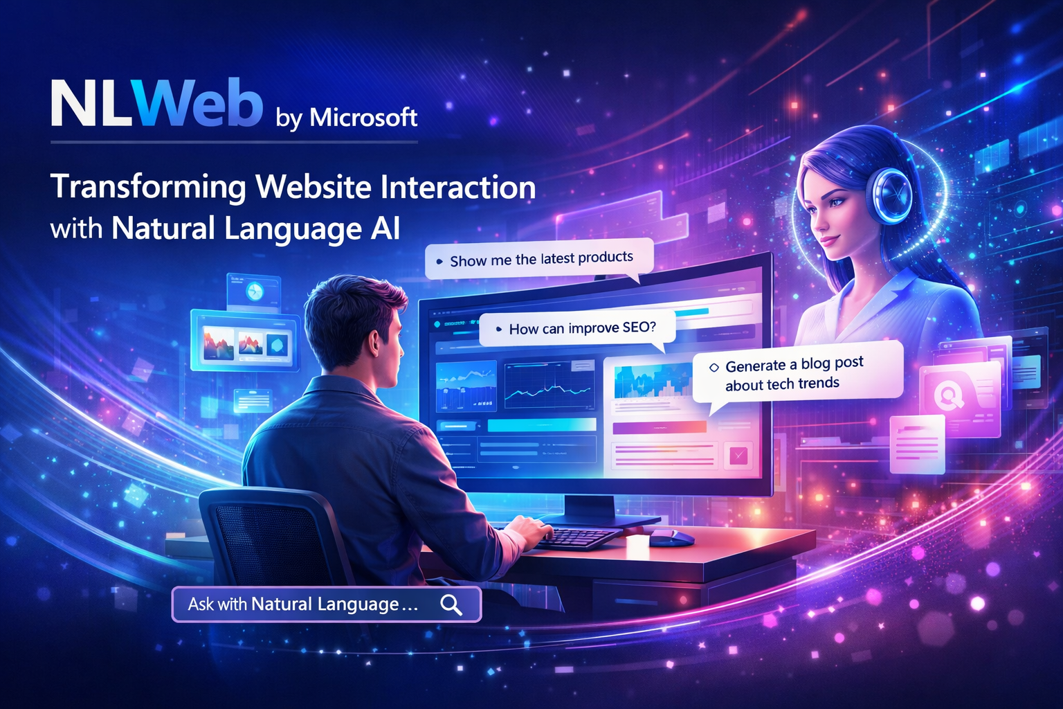 NLWeb by Microsoft natural language AI interface showing a user interacting with a website through conversational AI, voice commands, and contextual queries, powered by Azure OpenAI and NLP for smarter, faster website navigation.