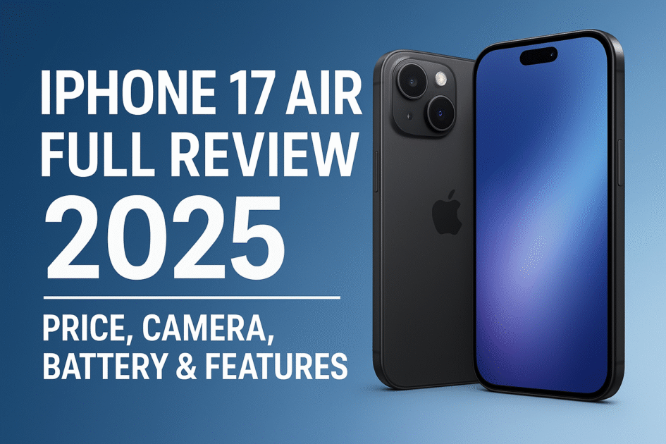 Apple iPhone 17 Air full review 2025 — showcasing its ultra-slim titanium design, dual AI-powered camera setup, A19 Bionic performance, iOS 19 AI features, battery life, and pricing details in India & USA.