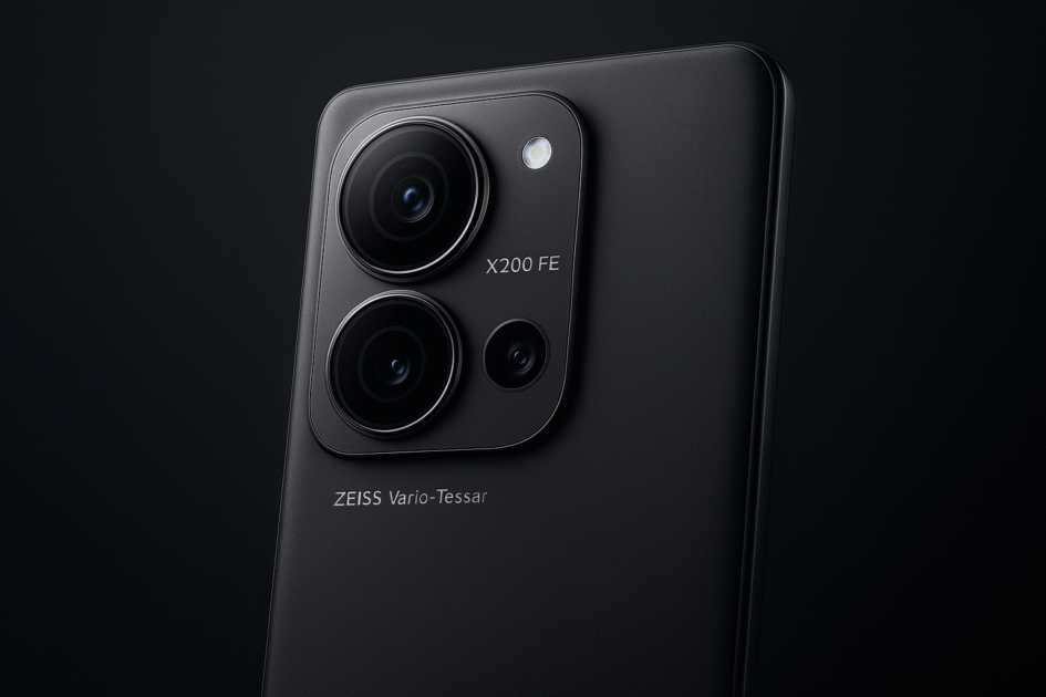 Vivo X200 FE 50MP triple rear camera with 8MP ultra-wide and 2MP macro lens, plus 32MP AI selfie camera – detailed shots, night mode, 4K video recording, portrait photos.