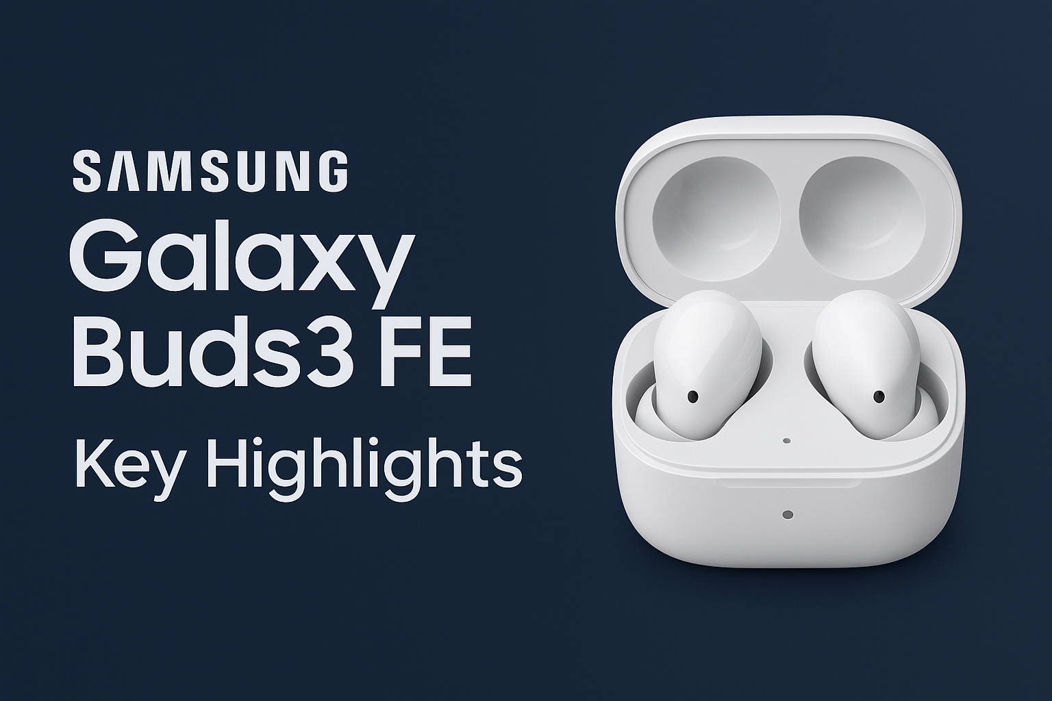 Samsung Galaxy Buds3 FE key highlights – Galaxy AI translation, 30-hour battery, ANC, and sleek futuristic design.