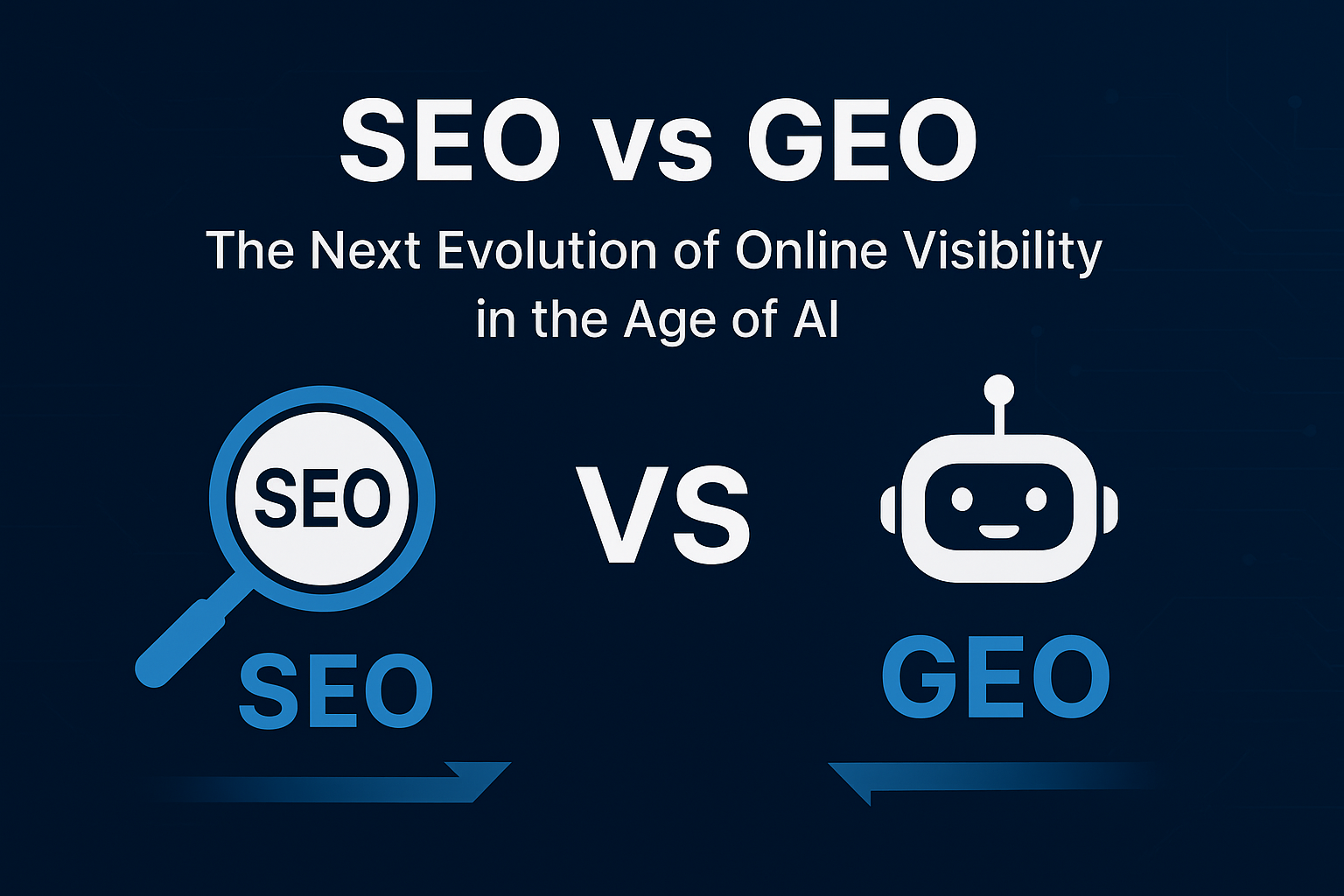 Digital comparison of SEO and GEO representing the evolution of online visibility in the age of AI with magnifying glass and chatbot icons.