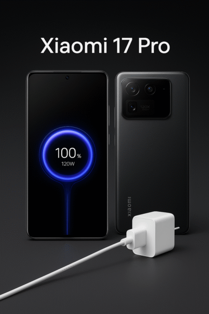 Xiaomi 17 Pro battery and 100 W fast charging graphic showing full charge in 22 minutes and long 6,300 mAh backup life.