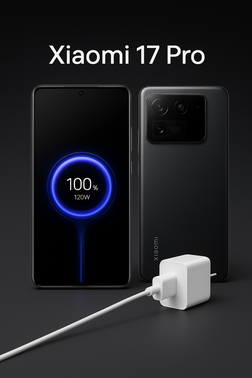 Xiaomi 17 Pro battery and 100 W fast charging graphic showing full charge in 22 minutes and long 6,300 mAh backup life.