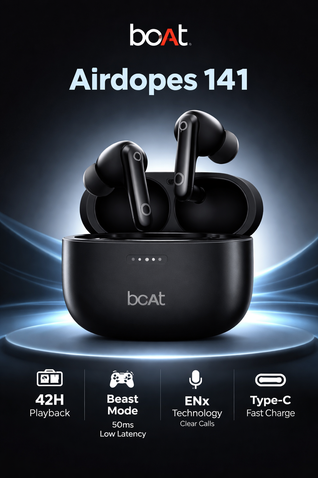 boAt Airdopes 141 wireless earbuds under ₹1500 – bass-heavy sound, long battery life, reliable for music and calls.