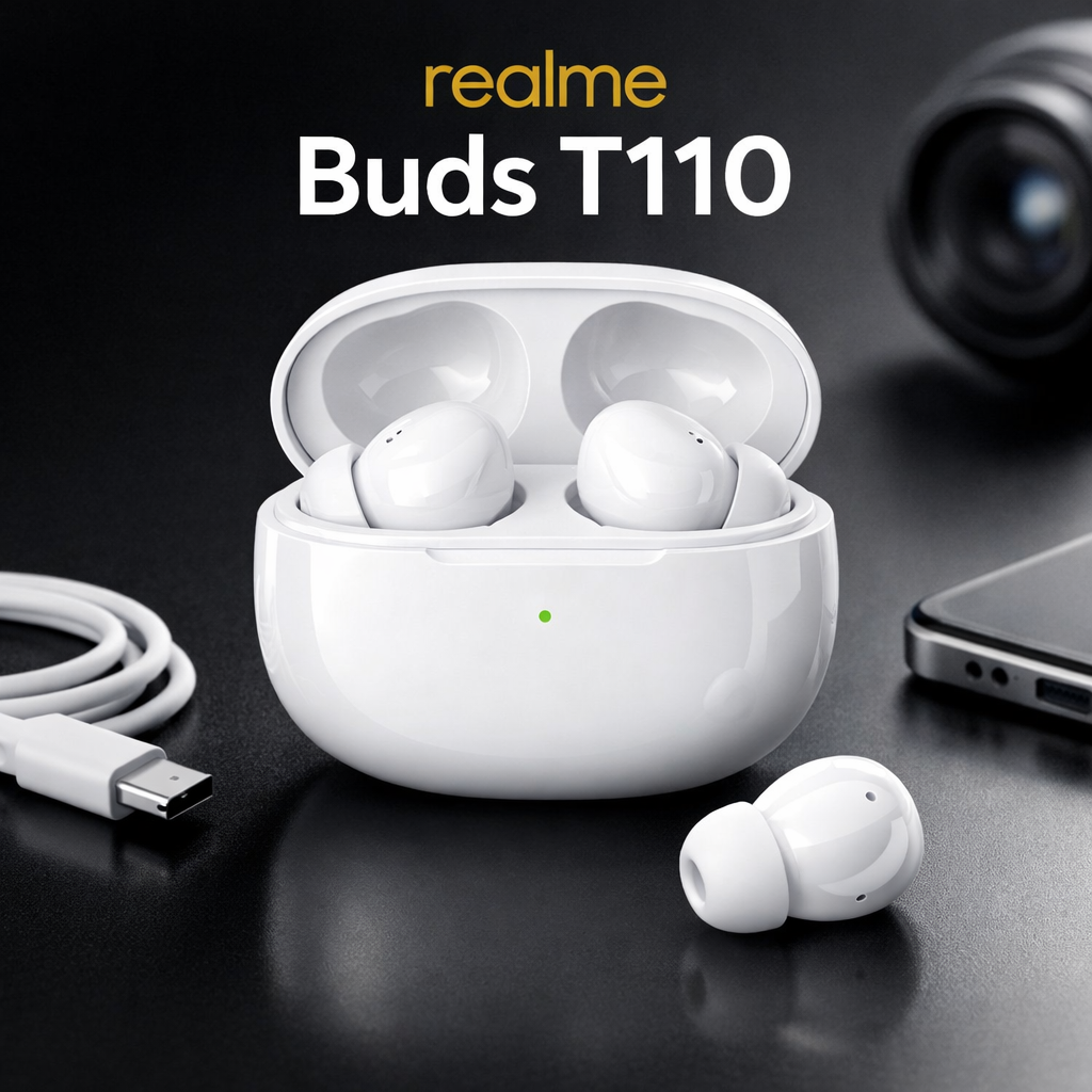realme Buds T110 budget wireless earbuds – balanced audio, low-latency gaming mode, good battery and microphone performance.