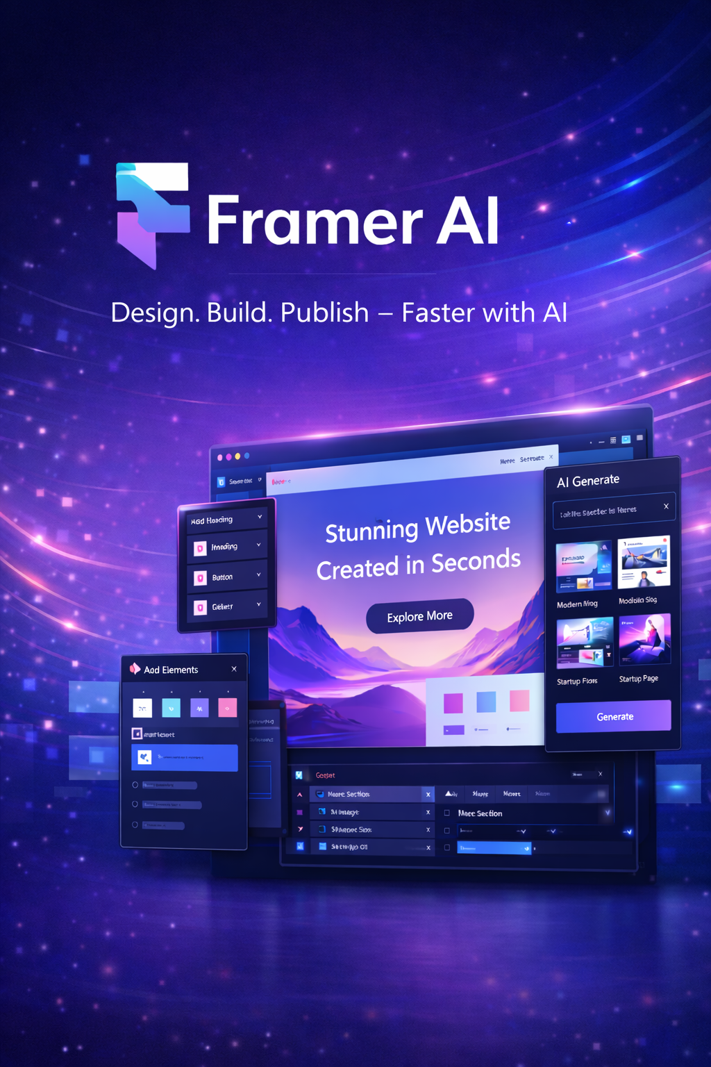 Framer AI no-code website and app builder creating functional websites and landing pages from simple prompts, enabling non-technical users and creators to launch digital products quickly