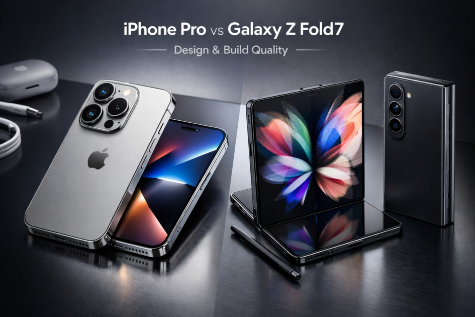 Apple iPhone Pro 2026 vs Samsung Galaxy Z Fold7 premium flagship design comparison showing ceramic build and foldable hinge durability