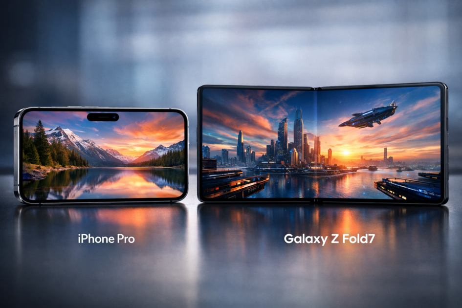 iPhone Pro 2026 vs Galaxy Z Fold7 display comparison showing OLED smooth visuals and large foldable multitasking screen